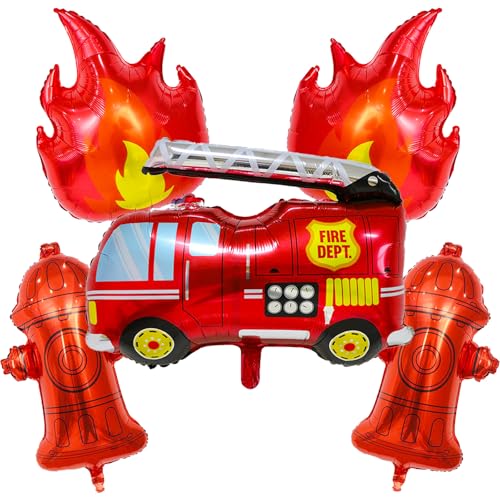 Fire Truck Balloon Decorations Set - 5 Foil Balloons for Kids' Parties
