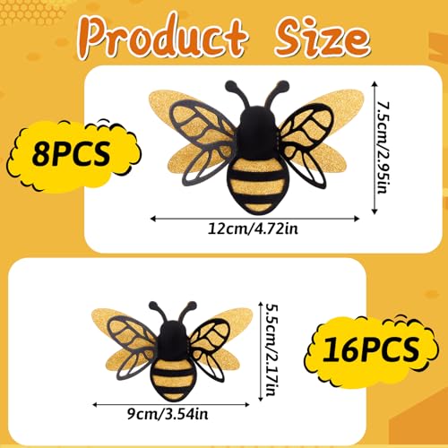 24 Pcs 3D Glitter Bee Wall Stickers - Realistic Bumble Bee Decor for Parties