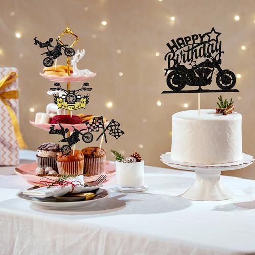 13-Piece Motorcycle Birthday Cake Toppers Set - Glitter Motocross Decorations