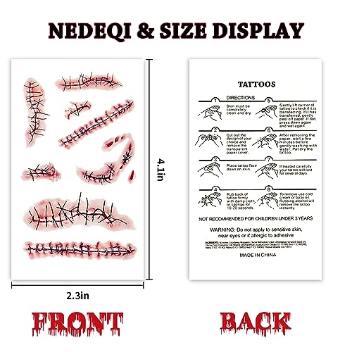 Halloween Zombie Temporary Tattoos - 20 Sheets Realistic Scars & Stitches
