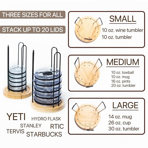 2-Pack Bamboo Tumbler Lid Organizer for Cups & Lids, Adjustable Fits All Sizes