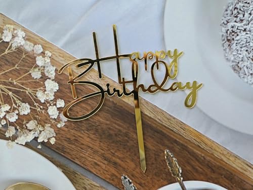 Gold Happy Birthday Cake Topper - Elegant Acrylic Decoration