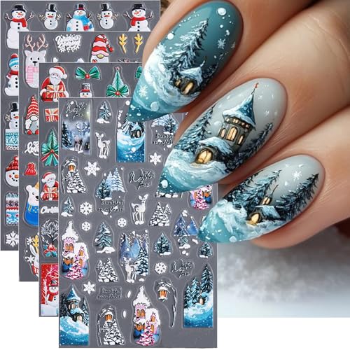 BUNLVDI 4 Sheets Christmas Nail Art Stickers - 3D Self-Adhesive Winter Deer & Snowflake Decals