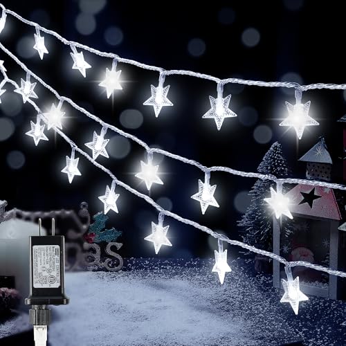 HEYFUNi White Star String Lights 33FT 100 LED with Timer and Remote - Christmas Decor