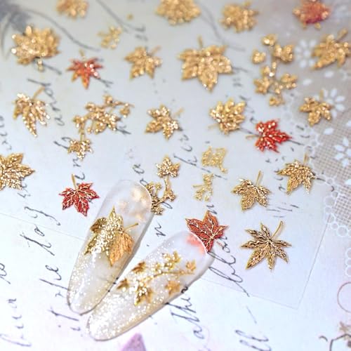 SHUXILIN 5D Embossed Fall Maple Leaf Nail Stickers Self-Adhesive Art Decals