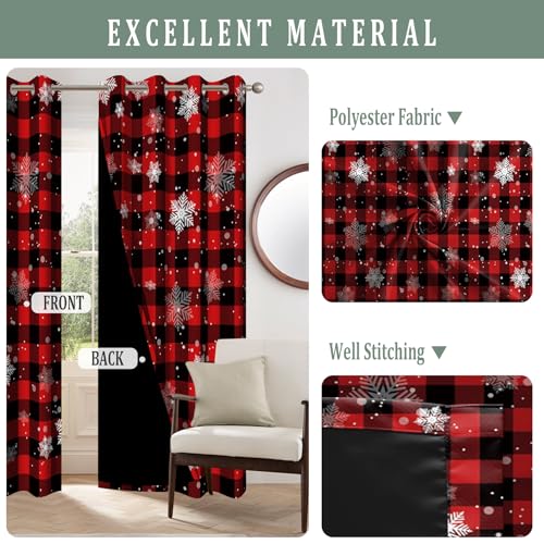 Blackout Curtains for Bedroom 2 Panels Set - Red and Black Buffalo Snowflakes, 26x63 Inch