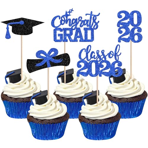 2026 Graduation Cupcake Toppers - 40 PCS Glitter Decor Picks