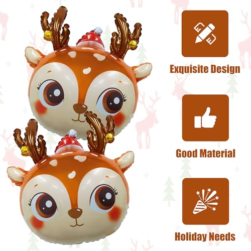 Heyiminy 4-Pack Reindeer Foil Balloons 24 Inch Deer Head Mylar Balloons for Christmas Party Decorations and Arch Kits