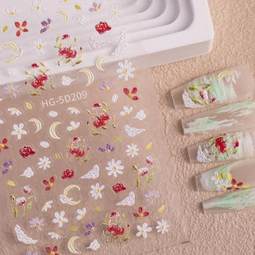5D Embossed Flower Nail Art Stickers - Colorful Daisy Floral Decals Set (6 Sheets)
