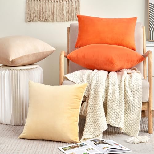 Bright Orange Fall Velvet Throw Pillow Covers Set of 2 18x18 Inches - Farmhouse Boho Decor