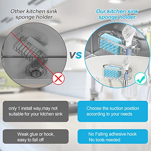 Yazoni 2-in-1 Silver Sponge Holder - Rustproof Sink Caddy with 3 Suction Cups