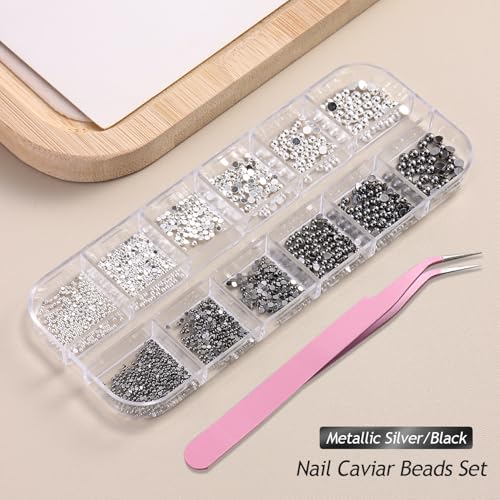 Furtherpretty Metal Nail Caviar Beads Silver Black Half Round Charms Set
