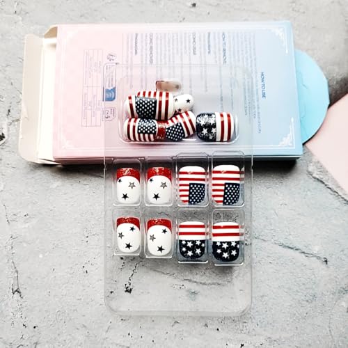 QUNQINLI Independence Day Press On Nails Short Square Star Striped Red Glitter False Nails