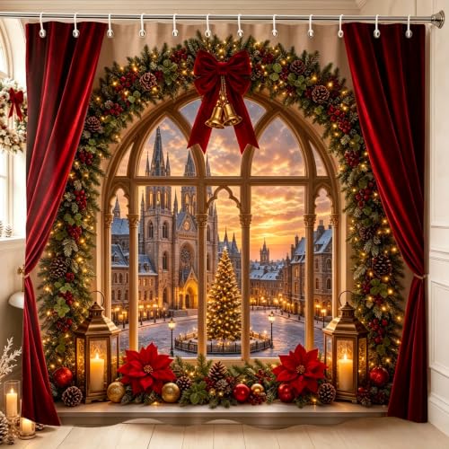 Christmas Shower Curtain Winter Cabin Scene Cardinals 72x72 Inches - Holiday Bathroom Decor