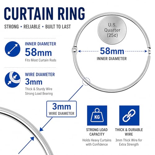 12 Pack Rustproof 304 Stainless Steel Shower Curtain Rings - 2.3 Inch