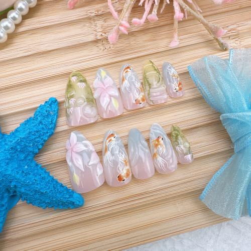 PSBRBAD Medium Almond Press on Nails 3D Floral Goldfish Fake Nails