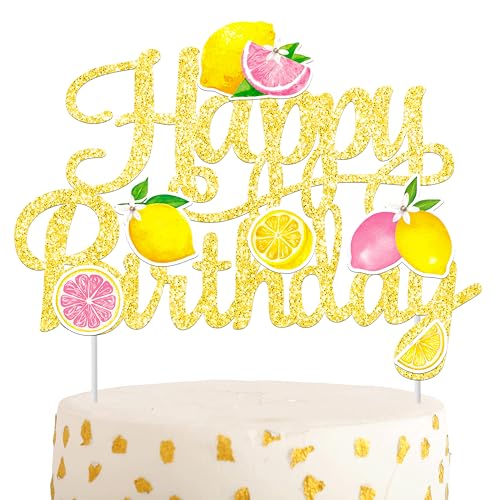Glitter Lemon Happy Birthday Cake Topper - Summer Fruit Party Decoration