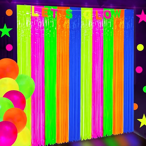 Neon Foil Fringe Curtains - 2 Pack Glow in The Dark Tinsel Streamers, 3.3 x 6.6 Ft