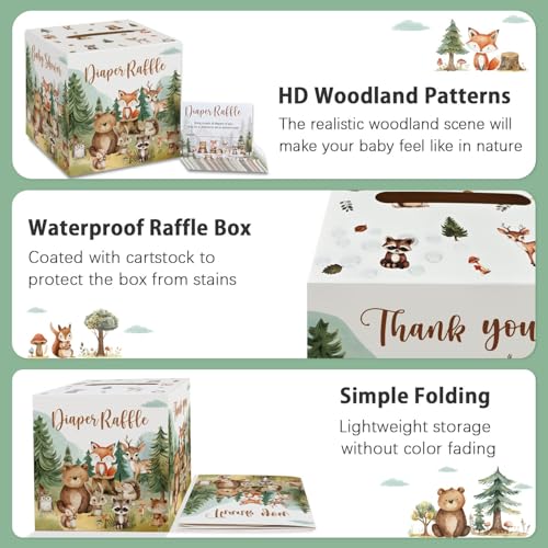 Woodland Baby Shower Diaper Raffle Box Set with 50 Raffle Tickets