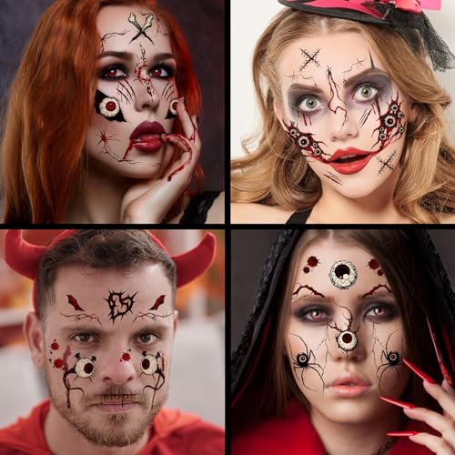 Konsait Halloween Face Tattoos, 8 Sheets Spider Web Fake Makeup Decals