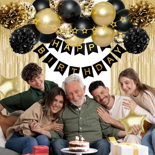 Black and Gold Birthday Decorations Kit with Balloons, Banner, and Backdrop