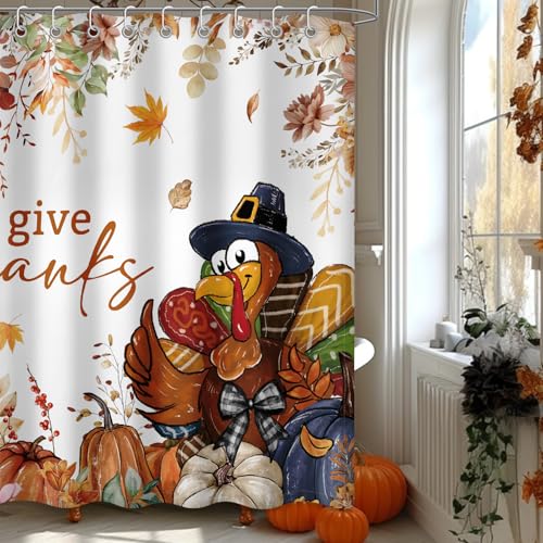 Thanksgiving Turkey Shower Curtain, Waterproof Autumn Fall Bathroom Decor
