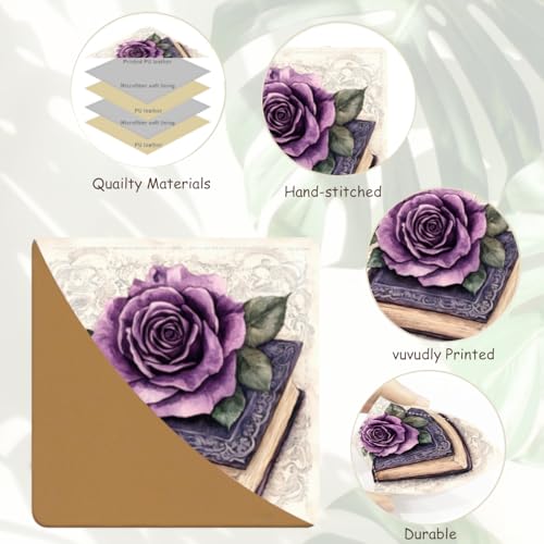 PU Leather Bookmarks 2-Pack Purple Rose Book Design Page Marker