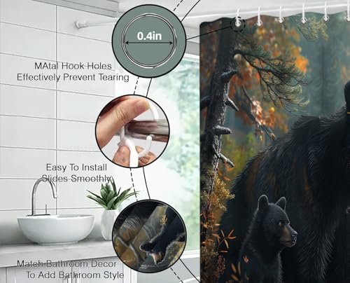 Rustic Black Bear Shower Curtain 70x70 Inches with Hooks
