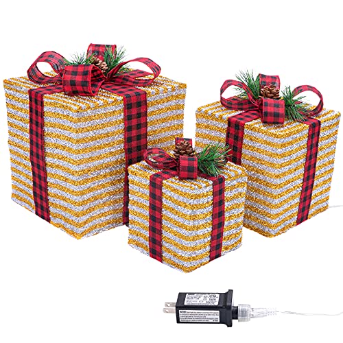 Lighted Christmas Gift Box Set - 3 Decorative LED Holiday Boxes with 8 Modes