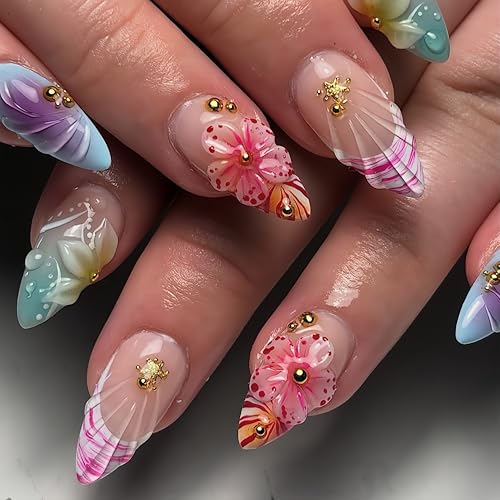 Pink Flower Press on Nails Medium Almond French Tip False Nails
