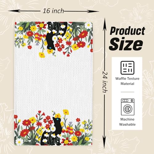 Floral Black Cat Dish Towels - 16x24 Inch Kitchen & Bathroom Decor
