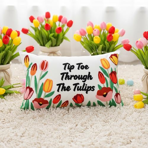 Embroidered Flower Tulip Pillow Cover 12x20 Inch for Home Decor
