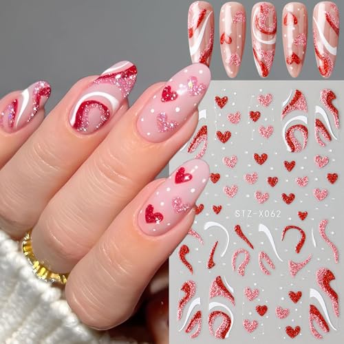 Glitter Heart Nail Stickers Set with Tweezers - 6 Sheets Valentine's Day