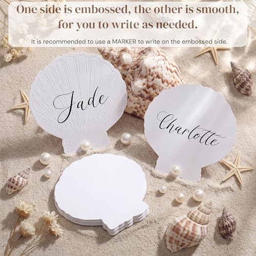 ForraFun 25 Sets Embossed Seashell Wedding Place Cards with Pearl Stickers - Beach Table Decoration