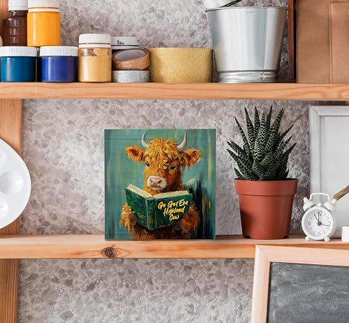 Highland Cow Wooden Box Sign Motivational Desk Decor 5x5 Inch