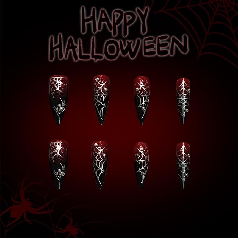 Halloween Press on Nails Long Pointed False Nails Red Glitter Spider Web