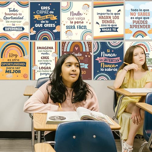 15 Boho Rainbow Spanish Classroom Posters | Motivational Decor