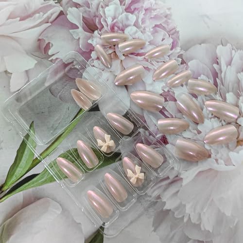 clvpai Pink Glossy Almond Press on Nails with 3D Bow Coquette Design