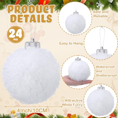 24 Pcs 4 Inch White Plastic Furry Christmas Ornaments Balls - Holiday Decor