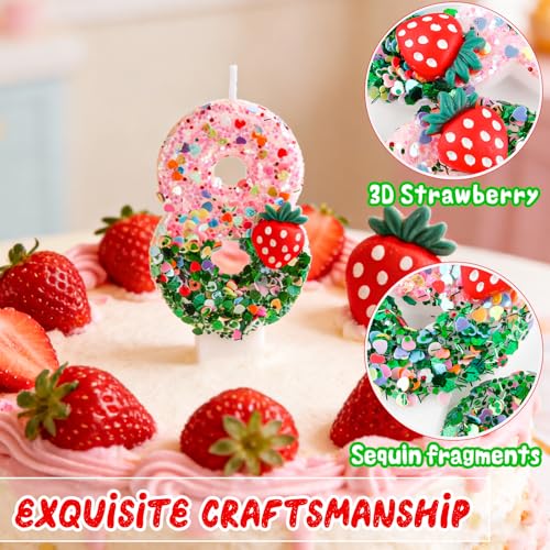 Strawberry Number 3 Birthday Candle - Pink Green Glitter Cake Topper