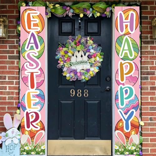 Easter Door Banner Porch Sign - Pink Bunny & Egg Spring Decor