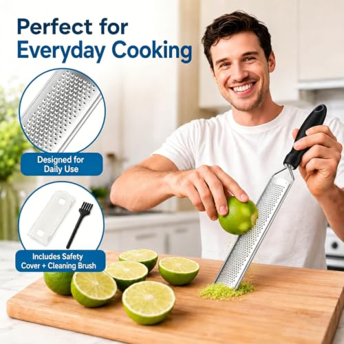 JOFUYU Stainless Steel Lemon Zester & Cheese Grater - Black, Non-Slip Handle