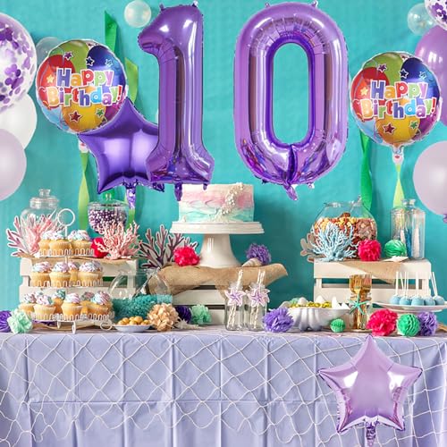 10th Birthday Party Decorations - 18 Pcs Purple Foil & Latex Balloons
