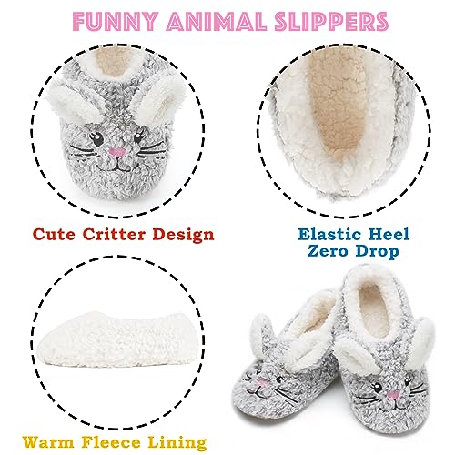 Cute Animal Slippers for Women and Kids - Grey Bunny, Non-Slip Fuzzy Soft Sole