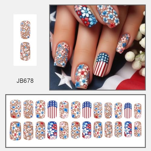 Blue White Flower Press on Nails Medium Square Acrylic False Nails