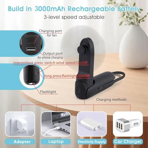 Digibond Mini Handheld Fan - Foldable 3000mAh Rechargeable, Black