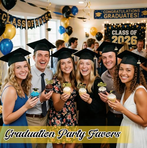 Graduation Cupcake Toppers 2026 - 36 Pcs Black & Gold Decor