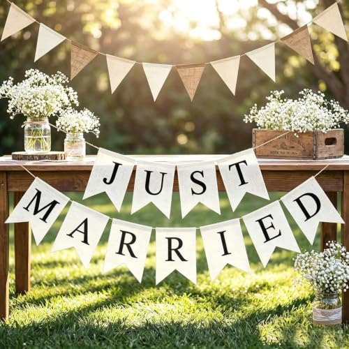 Rustic Burlap 'Just Married' Wedding Car Banner - Pre-Assembled Wedding Decor