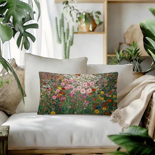 Gustav Klimt Style Wildflower 12x20 Lumbar Pillow Cover, Flannel Floral Case