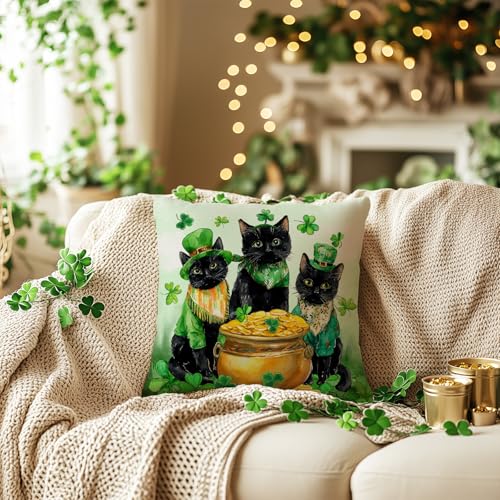 St. Patrick's Day Pillow Cover 18x18 - Cat & Shamrock Design